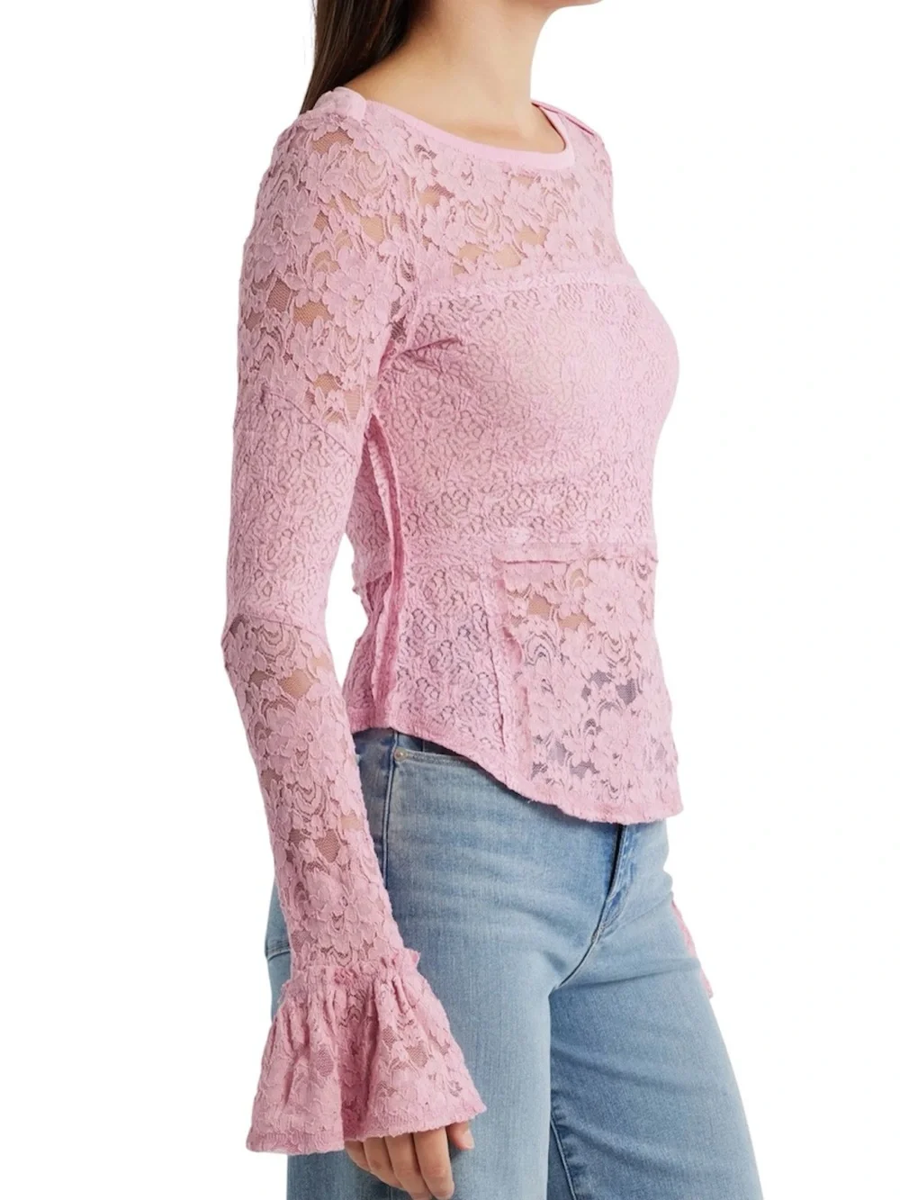 Free People Pink Lace Bell-Sleeve Top